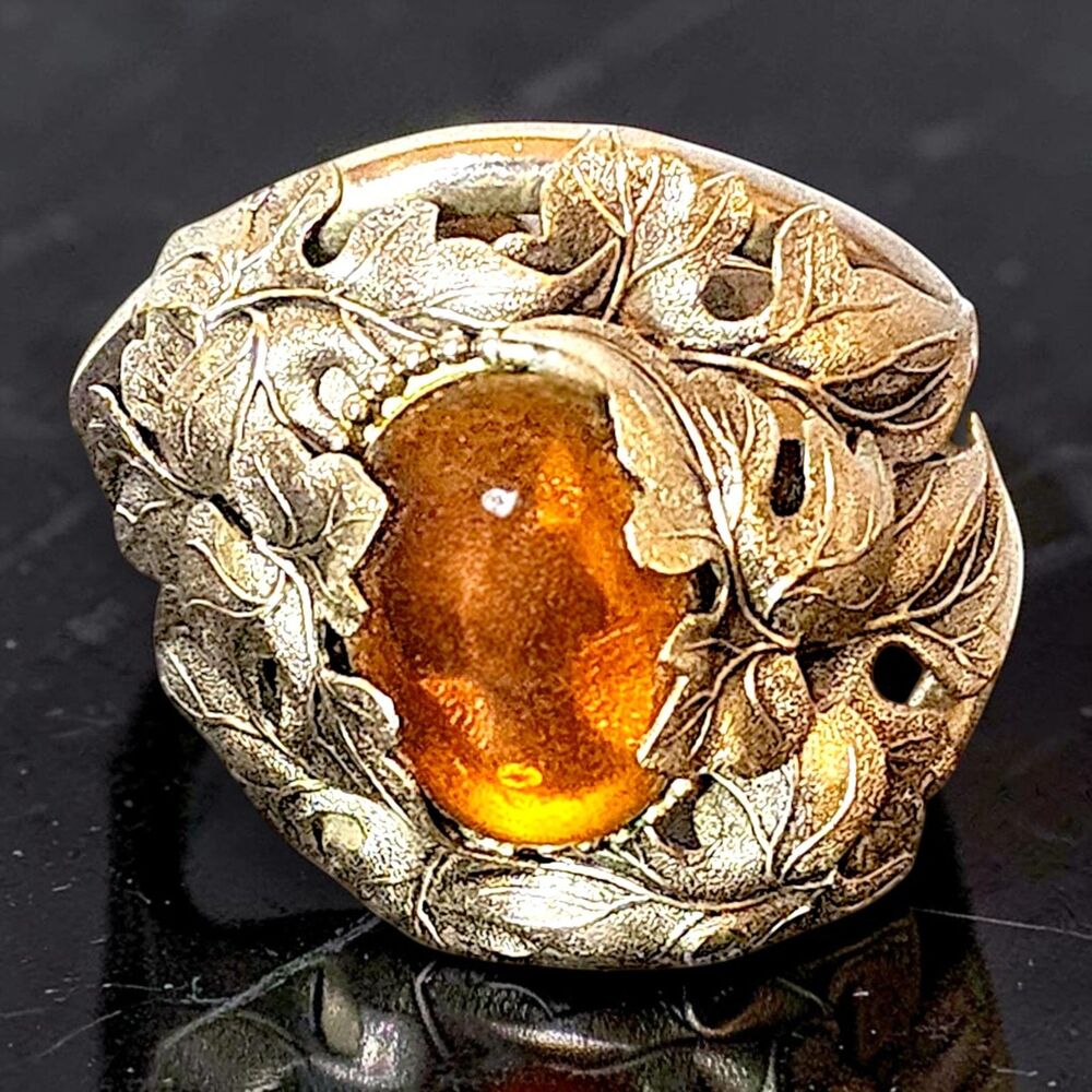 Vintage Silver Tone Hinged Cuff Bracelet Amber Cabochon Floral Leaf Statement
